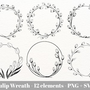 Könnte beinhalten: Ein Set mit 6 schwarz-weißen Tulpenkranz-Illustrationen. Die Kränze bestehen aus einfachen Linienzeichnungen von Tulpen und Blättern. Die Kränze sind perfekt, um Ihren Designs einen Hauch von Frühling zu verleihen.