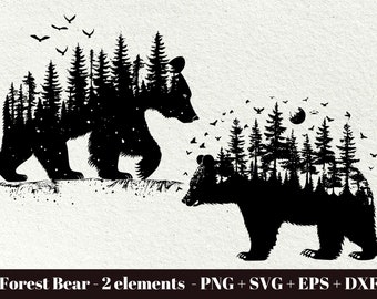 May include: Two black silhouette bears with a forest inside them. The bear on the left is larger and has birds flying above it. The bear on the right has a moon and birds flying above it.
