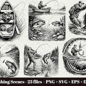 Peut inclure: Illustrations en noir et blanc de scènes de pêche. Les images représentent des pêcheurs dans des bateaux et sur la berge, attrapant du poisson. Le texte "Fishing Scenes - 23 files - PNG + SVG + EPS + DXF" est en bas.