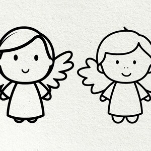 Op de afbeelding: Twee cartoon engel illustraties in zwarte omtrek. Elke engel heeft vleugels, een eenvoudige jurk en een lachend gezicht. E&eacute;n engel heeft kort haar en de andere heeft langer haar.