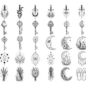 Puede incluir: Una colecci&oacute;n de ilustraciones de arte lineal en blanco y negro con espadas, llaves ornamentadas, lunas crecientes, cristales, arreglos florales, un gato y sandalias. Estos dise&ntilde;os gr&aacute;ficos detallados est&aacute;n dispuestos en una cuadr&iacute;cula.