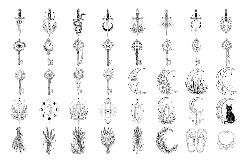 Puede incluir: Una colecci&oacute;n de ilustraciones de arte lineal en blanco y negro con espadas, llaves ornamentadas, lunas crecientes, cristales, arreglos florales, un gato y sandalias. Estos dise&ntilde;os gr&aacute;ficos detallados est&aacute;n dispuestos en una cuadr&iacute;cula.