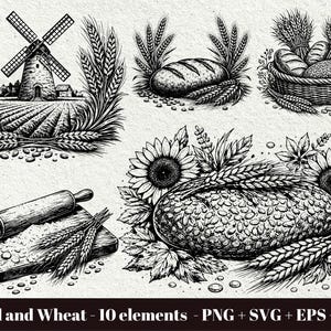 Op de afbeelding: Zwart-wit illustraties van brood- en tarwe-elementen. Bevat een molenscène, broden, een broodmand, een deegroller met bloem en zonnebloemen. De tekst onderaan luidt "Bread and Wheat - 10 elements - PNG + SVG + EPS + DXF."
