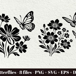 May include: A black graphic design featuring two distinct floral arrangements and three butterflies. The left cluster shows a large flower with a butterfly, while the right cluster displays a bouquet of smaller flowers with two butterflies. Text reads: Butterflies - 8 files - PNG + SVG + EPS + DXF.