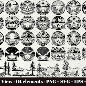 May include: A set of 64 black and white illustrations of lake scenes with mountains, trees, and campfires. Each illustration features a pair of chairs and a campfire or a lake view. The illustrations are perfect for creating designs for t-shirts, mugs, tote bags, and other products.
