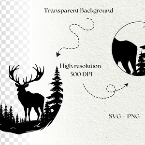 May include: Black and white silhouette of a deer standing in a forest with trees. The image is in a circle shape with a white background.