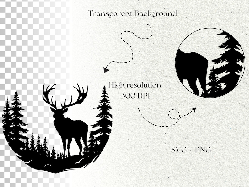 May include: Black and white silhouette of a deer standing in a forest with trees. The image is in a circle shape with a white background.