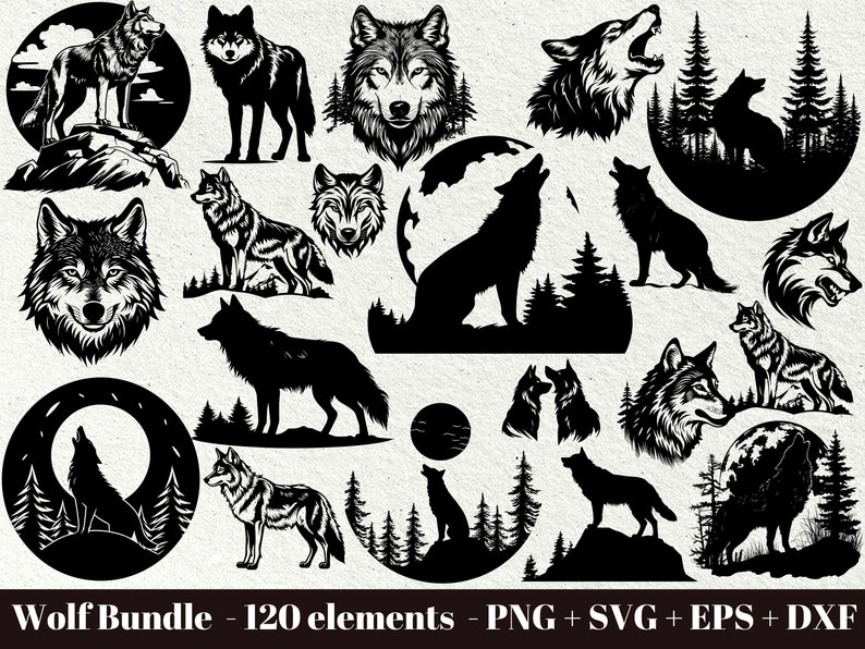 Peut inclure: Une collection de 120 illustrations de silhouettes de loups noires et blanches. Les images comprennent des loups hurlant &agrave; la lune, des loups dans la for&ecirc;t et des loups avec leurs petits. Les images sont parfaites pour une utilisation dans des projets d'artisanat, du scrapbooking et de la conception num&eacute;rique.