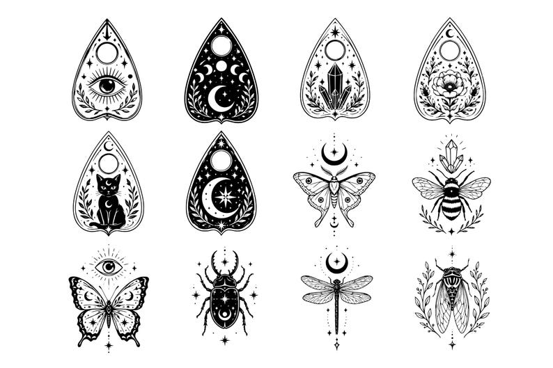 Puede incluir: Una colecci&oacute;n de doce ilustraciones en blanco y negro que presentan seis formas de plancheta con un ojo, fases lunares, cristales, una flor, un gato y una estrella, junto a seis dise&ntilde;os de insectos que incluyen una mariposa, un escarabajo, una lib&eacute;lula y una abeja.