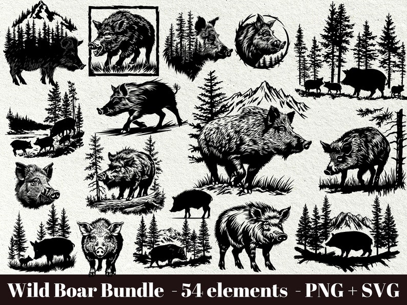 May include: A black and white digital illustration bundle of 54 wild boar images. The images include wild boars in various poses, including running, standing, and lying down. The images also include forest scenes with trees and mountains.