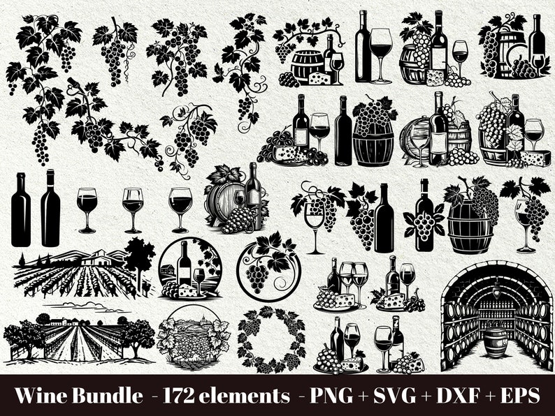 Op de afbeelding: Een set van 172 vectorillustraties met een wijn-thema in zwart-wit. De set bevat druiven, wijnstokken, flessen, glazen, vaten en andere wijn-gerelateerde afbeeldingen.  Wine Bundle - 172 elements - PNG + SVG + DXF + EPS