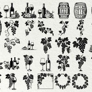 Op de afbeelding: Zwart-witte illustraties van wijnflessen, glazen, druiven en vaten. De illustraties zijn perfect voor het maken van wijn-thema ambachten, uitnodigingen of decoraties.