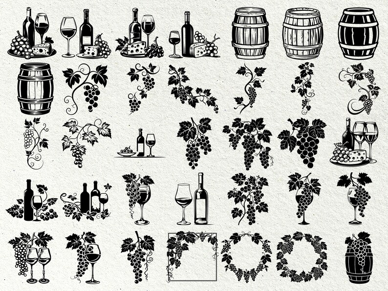 Op de afbeelding: Zwart-witte illustraties van wijnflessen, glazen, druiven en vaten. De illustraties zijn perfect voor het maken van wijn-thema ambachten, uitnodigingen of decoraties.