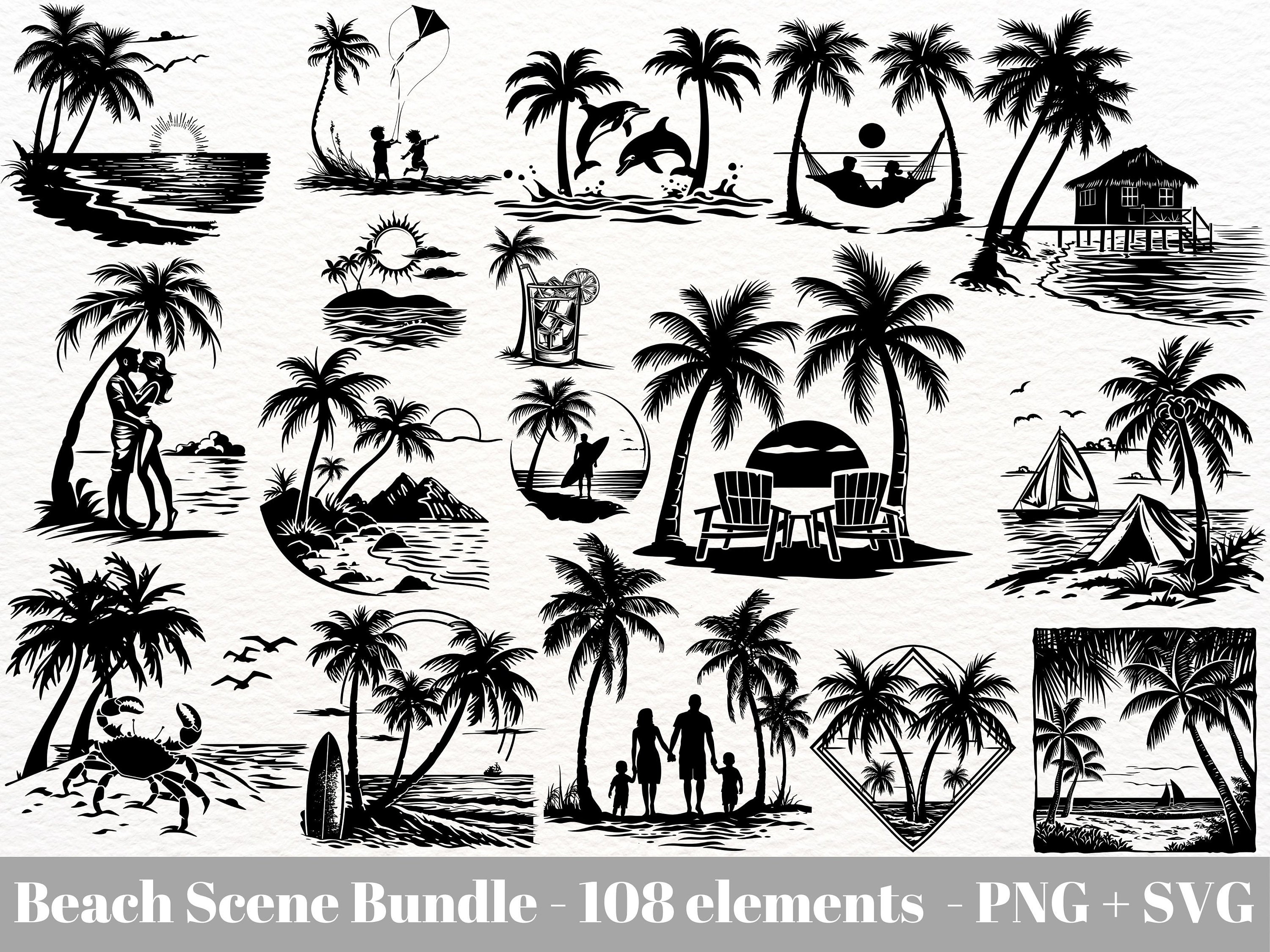 Beach scene svg bundle / Sunset beach svg / sunset landscape  / Nature scene / tropical svg files Instant Download / Commercial use clipart