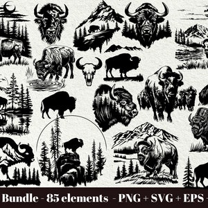 May include: A collection of 85 black and white silhouette images of bison, mountains, and trees. The images are perfect for crafting projects, scrapbooking, and digital design.