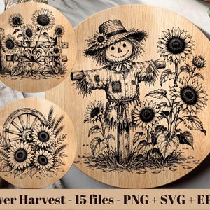 May include: Three circular wooden plaques featuring black line art engravings. The largest shows a scarecrow in a hat surrounded by sunflowers. One smaller plaque displays sunflowers by a fence, and the other shows a wagon wheel with sunflowers.