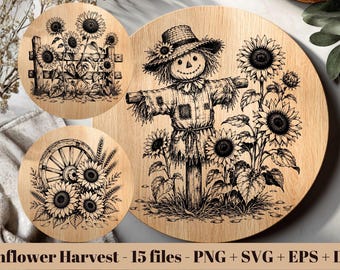 Sunflower Harvest SVG Bundle / Fall Farm Laser Engraving File / Pumpkin Scarecrow PNG (15 files) (Digital Download - Commercial Use)