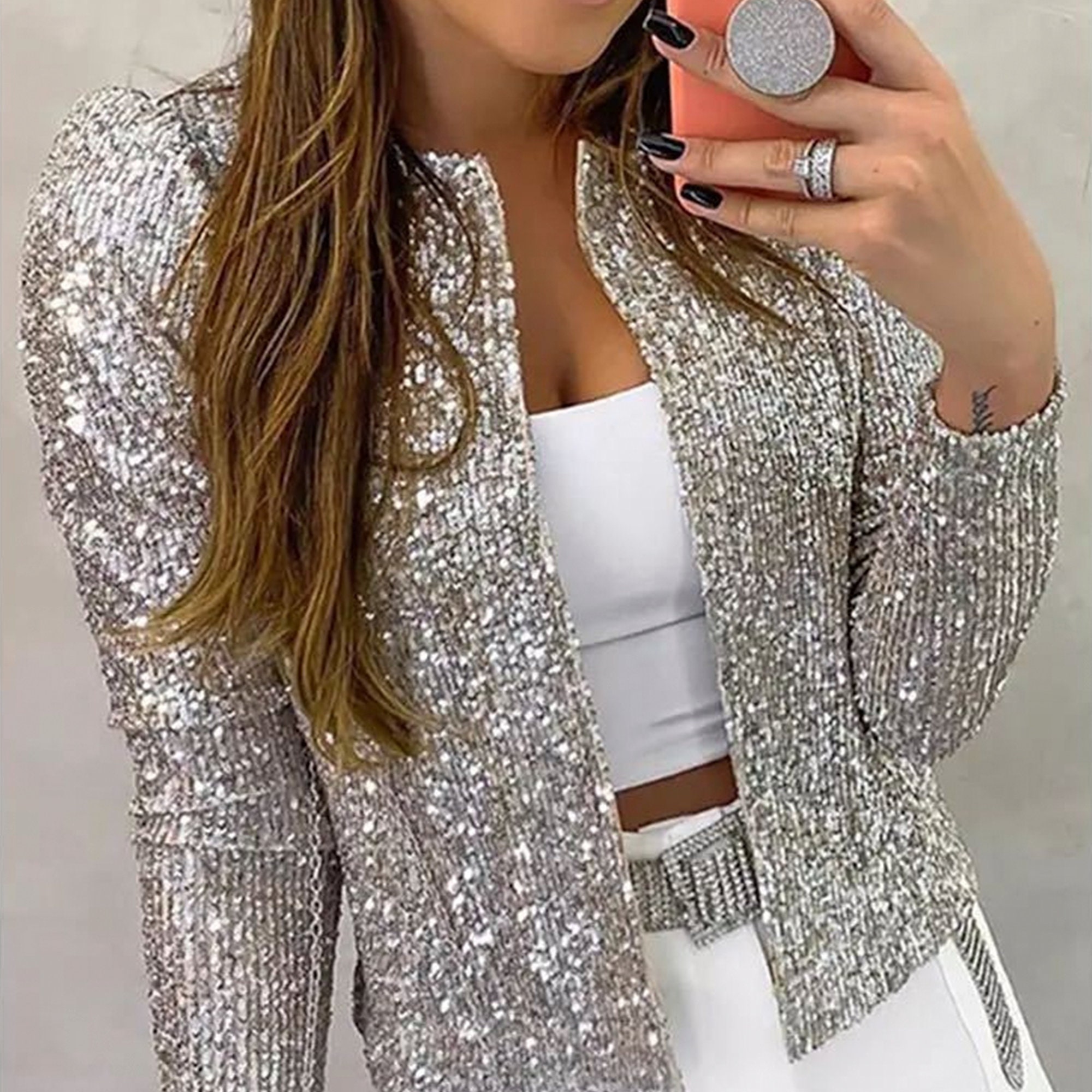  Hemlock Women Concert Jackets Sequins Glitter Tops Zip Up  Bomber Jacket Short Outwear Tops for Show Party : Sports & Outdoors