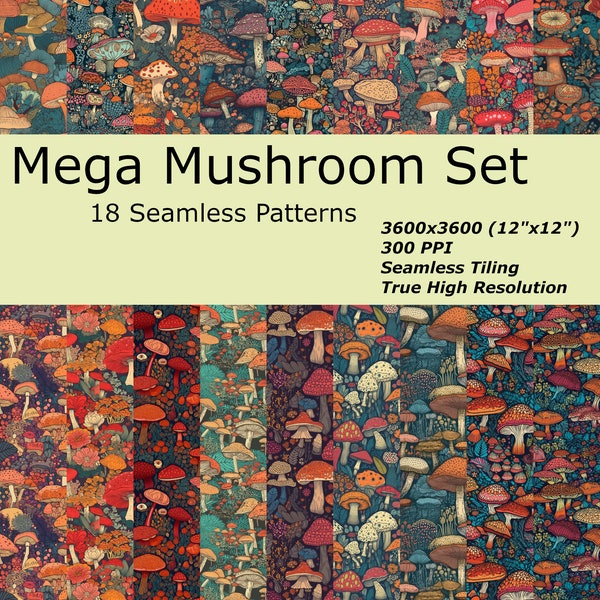 Magic Mushrooms! A Magically Seamless Mushroom Digital Paper Set | High-Res | 12x12" | Commercial Use