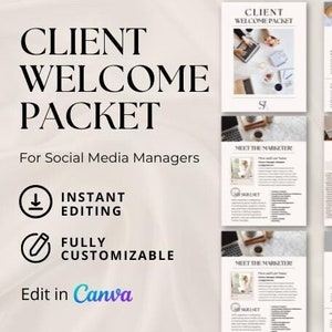 May include: A client welcome packet for social media managers. The packet includes information on the social media marketing process, packages offered, and what the client needs to provide. The packet is fully customizable and can be edited in Canva.