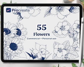 50 Procreate Flower Stamps - Botanical Vector Line Art - Floral and Plant Designs - Detailed Unique Stamps for Commercial and Personal Use