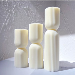 Set of Three Ribbed Hourglass Pillar Candle| Sculptural Striped Candle| Aesthetic Table Decor| Column Ribbed Candle| Aesthetic pillar candle