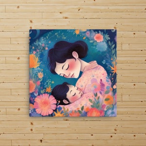 キャンバス アジアの母子 花の芸術 伝統的な日本の芸術 HD 壁紙 油絵風 日本の美しさ 赤い頬 ショートヘアカット