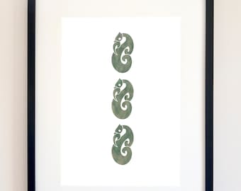 Maori inspired 3 Manaia Portrait Wall Art Print