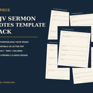 May include: A 12-piece KJV sermon notes template pack featuring printable A4-sized PDF pages. The design includes cream-coloured sheets with dark lines and headers for classic, expository, and revival meeting notes on a dark blue background.