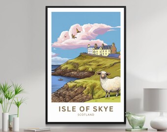 May include: A colorful illustration of a coastal scene with a white sheep in the foreground, a building on a cliff, and a pink cloud in the sky. The text "ISLE OF SKYE SCOTLAND" is at the bottom of the image.