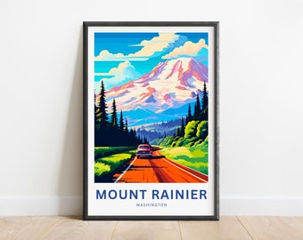 May include: A colorful illustration of Mount Rainier, a snow-capped mountain in Washington state, with a red car driving on a winding road through a forest of green trees. The text "MOUNT RAINIER WASHINGTON" is at the bottom of the image.