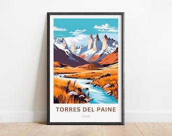 May include: A colorful illustration of the Torres del Paine National Park in Chile. The image features a mountain range with snow-capped peaks, a winding river, and a grassy meadow. The text "Torres del Paine" and "Chile" is displayed at the bottom of the image.