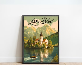 Lake Bled Vintage Travel Poster - Lake Bled print, Slovenia Vintage Wall Art, Framed present, Gift Slovenia Present