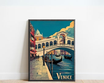 May include: A vintage travel poster featuring a colorful illustration of the Rialto Bridge in Venice, Italy. Gondolas are seen floating in the water below the bridge. The text "VENICE" is printed in the bottom right corner.
