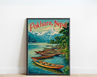 Pokhara Vintage Travel Poster - Pokhara Print, Nepal Wall Art, Framed, Gift Nepal Present