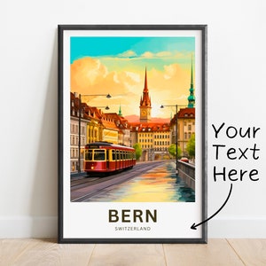 May include: A vintage-style travel poster featuring a colorful illustration of a cityscape in Bern, Switzerland. The poster depicts a red tram traveling down a street lined with buildings, with a tall church spire in the background. The text "BERN" and "SWITZERLAND" is printed at the bottom of the poster.