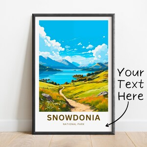 Impressão de viagem personalizada de Snowdonia - pôster de Snowdonia, arte de parede do parque nacional, presente emoldurado, presente do País de Gales