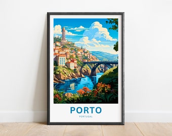 Impresión de Oporto, Portugal: Póster de viaje minimalista con vistas al río Duero