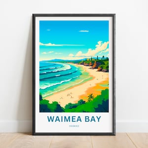 May include: A colorful illustration of Waimea Bay in Hawaii. The image shows a beach with turquoise water, white sand, and green palm trees. The text "Waimea Bay, Hawaii" is printed at the bottom of the image.