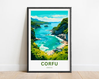 Può includere: Un'illustrazione colorata di una scena costiera a Corfù, Grecia. L'immagine mostra una baia blu turchese circondata da scogliere verdi e una spiaggia di sabbia. Il testo "CORFU" e "GREECE" è stampato sotto l'immagine.