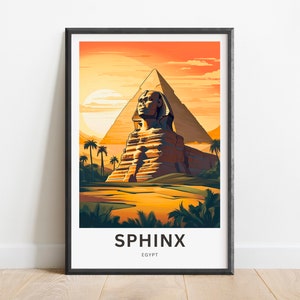 May include: A vintage-style illustration of the Great Sphinx of Giza in Egypt. The Sphinx is depicted in a warm orange and brown colour scheme against a sunset background. The text "SPHINX EGYPT" is printed below the image.