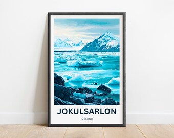 May include: A poster with a photograph of a glacial lagoon in Iceland. The water is a vibrant blue and there are icebergs floating in the water. The mountains in the background are snow-capped. The poster has the text "JOKULSARLON" and "ICELAND" printed on it.