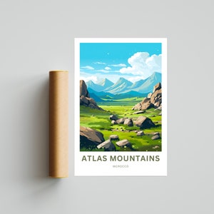 Op de afbeelding: Een poster met een gestileerd landschap van het Atlasgebergte in Marokko. Het kunstwerk toont een groene vallei met grote rotsformaties, onder een blauwe lucht met witte wolken. De tekst "ATLAS MOUNTAINS MOROCCO" staat onderaan.