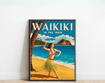 1950年代のワイキキビーチとダイヤモンドヘッドの風景、ホノルル
