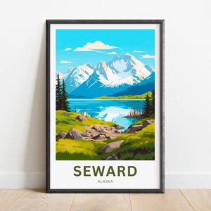 May include: A framed illustration of a mountain range with a lake in the foreground. The mountains are snow-capped and the lake is a bright blue. The text "SEWARD ALASKA" is at the bottom of the image.