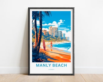 Manly Beach Reisedruck - Manly Beach Poster, Sydney Wandkunst, gerahmt, Geschenk Australien Dekor vorhanden, passen Sie Ihren Text an