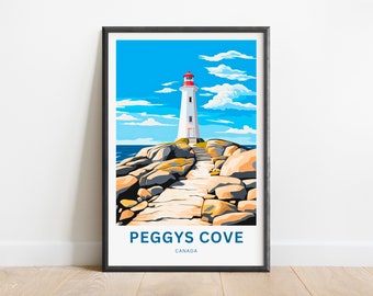 Könnte beinhalten: Eine farbenfrohe Illustration eines weißen Leuchtturms mit rotem Dach an einer felsigen Küste mit einem Weg, der hinauf führt. Der Himmel ist blau mit weißen Wolken. Der Text "PEGGSYS COVE CANADA" befindet sich am unteren Rand des Bildes.