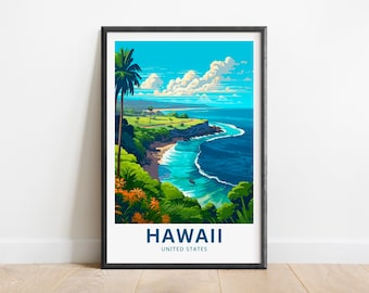 Puede incluir: Un póster enmarcado con una ilustración colorida de una costa tropical en Hawái, Estados Unidos. El póster presenta un océano azul, acantilados verdes y palmeras. El texto "HAWAII" y "UNITED STATES" está impreso en azul en la parte inferior del póster.