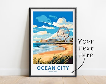Impresión personalizada de viaje de Ocean City - Cartel de Ocean City, Arte de la pared de Maryland, Presente enmarcado, Regalo Maryland Presente