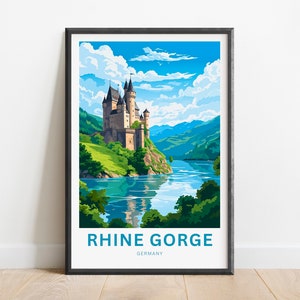 Impresión de viaje de la garganta del Rin: póster de la garganta del Rin, arte de pared del río Rin, regalo enmarcado, regalo de Alemania